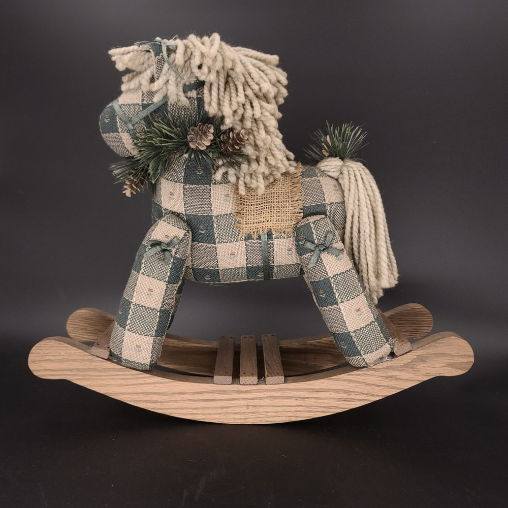 Vtg. Wooden Rocking Horse Yarn Hair Christmas Table Decor 12 in Tall